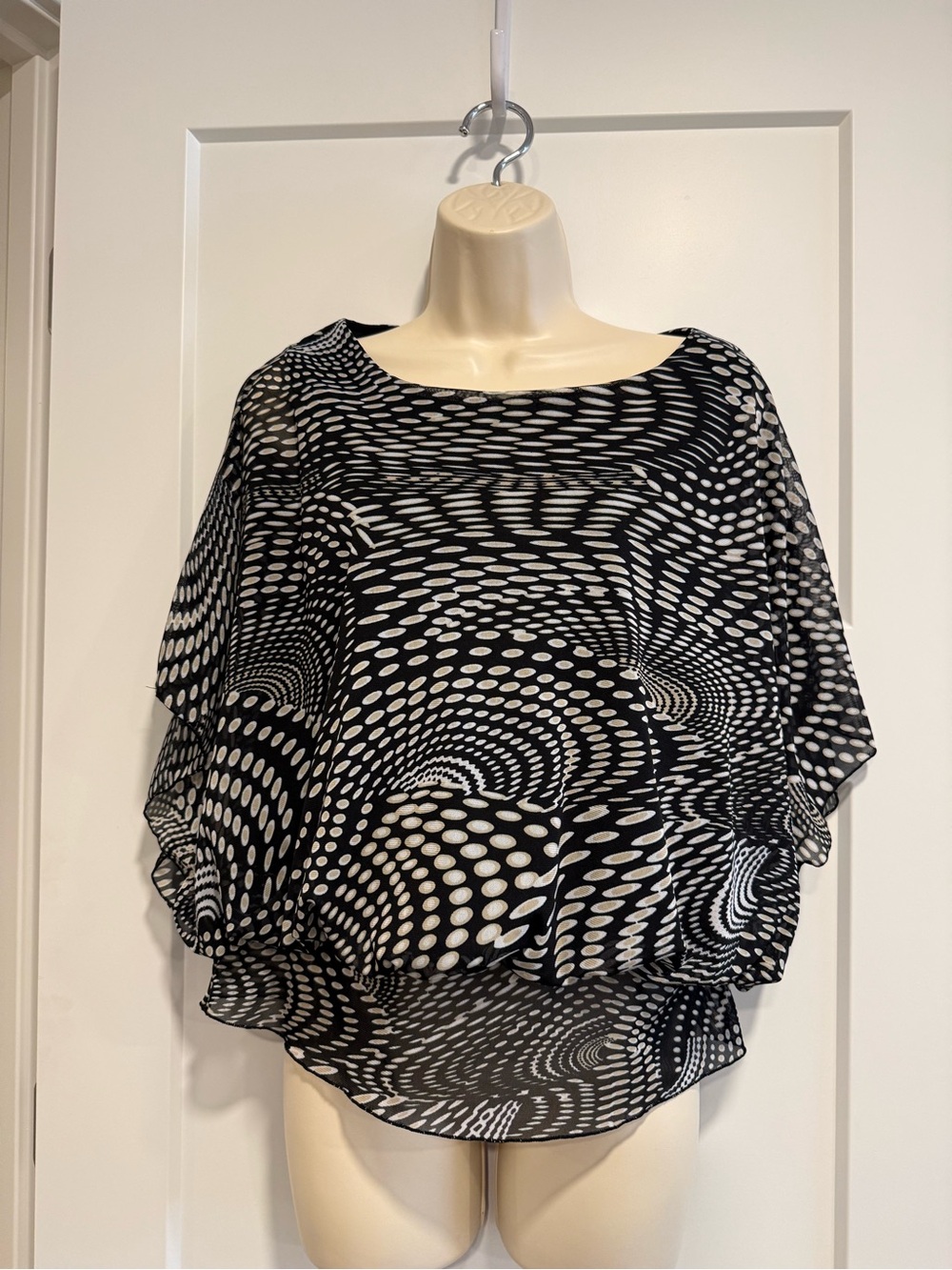 Studio Works Petite Medium Black & White Abstract Dot Print Sheer Overlay Top